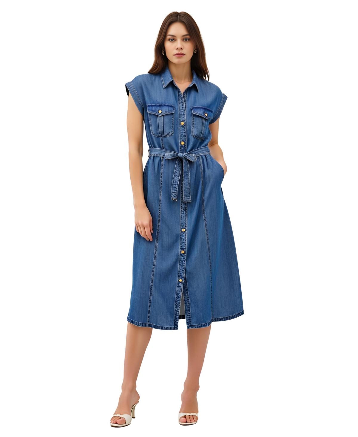 Women's Sleeveless Button-Front Tie-Waist Midi Shirt Dress - Blue