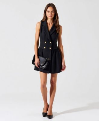 Women's Sleeveless Double-Breasted Boucle Tweed Flared Hem Dress