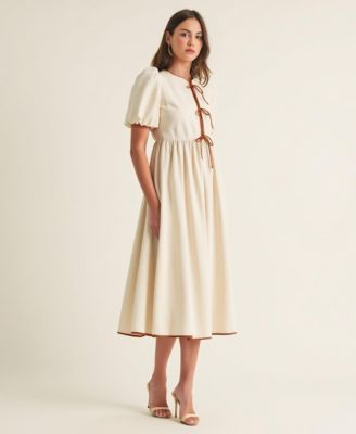 Women's Puff Sleeve Contrast Tie Midi Dress
