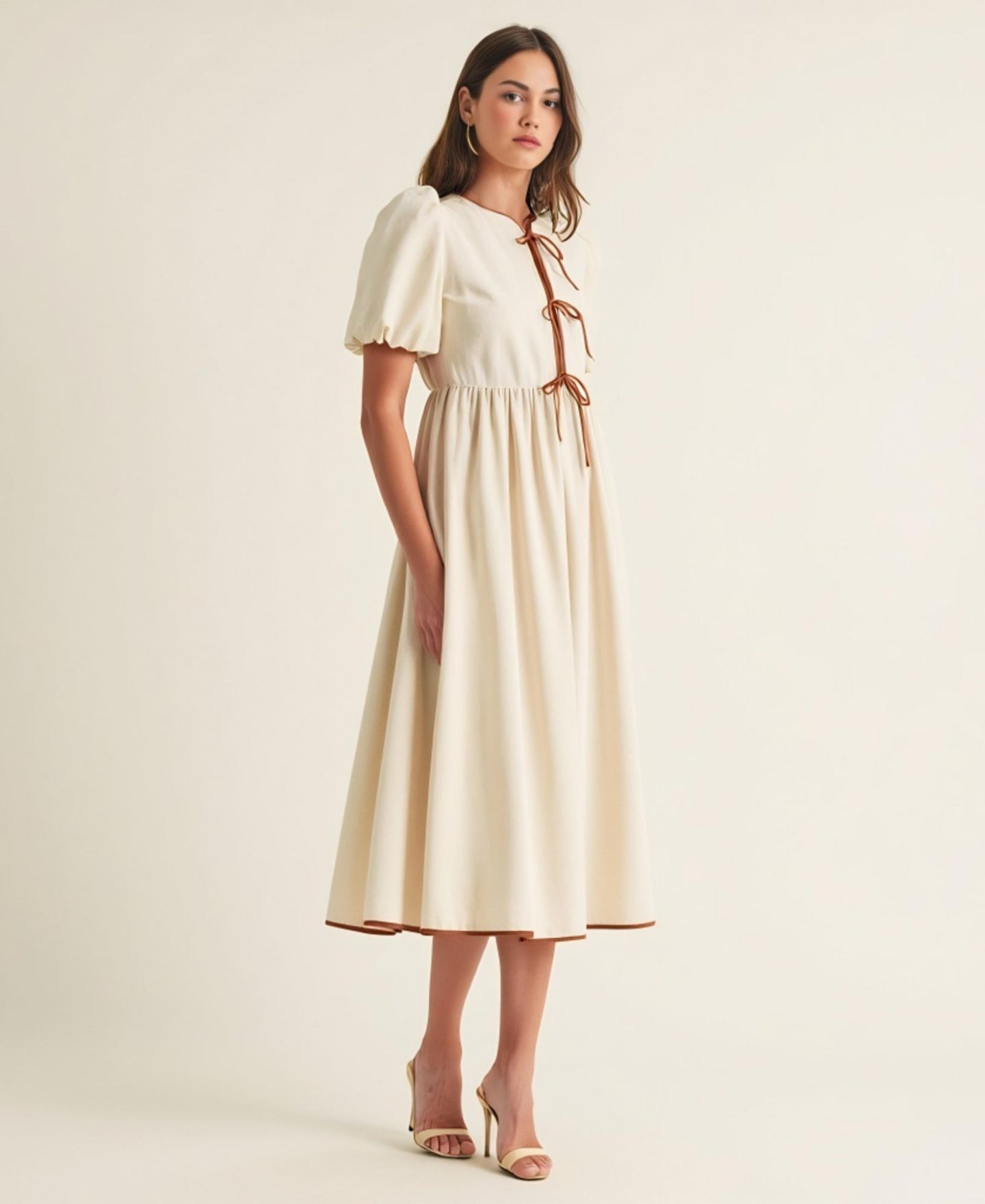 Женское платье Modenaire Puff Sleeve Contrast Tie Midi, цвет: Светлый бежевый — фото 2
