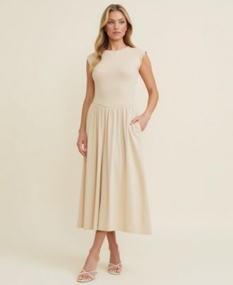 Women's Cap Sleeve Knit Bodice Midi Dress with Pockets