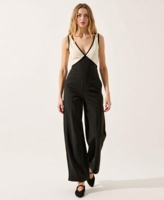 Women's Sleeveless Two-Tone Deep V-Neck Wide Leg Jumpsuit
