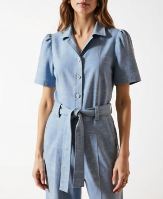 Women's Paisley Print Belted Short Sleeve Button Front Jumpsuit