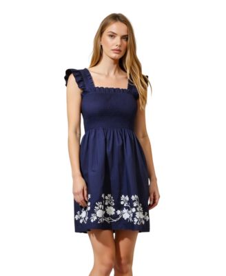 Women's Smocked Ruffle Strap Floral Embroidery Mini Dress