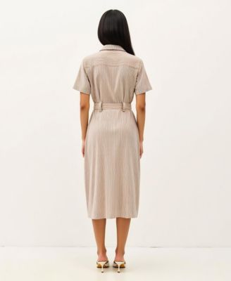 Women's Striped Collared Waist Tie Button-Down Midi Dress