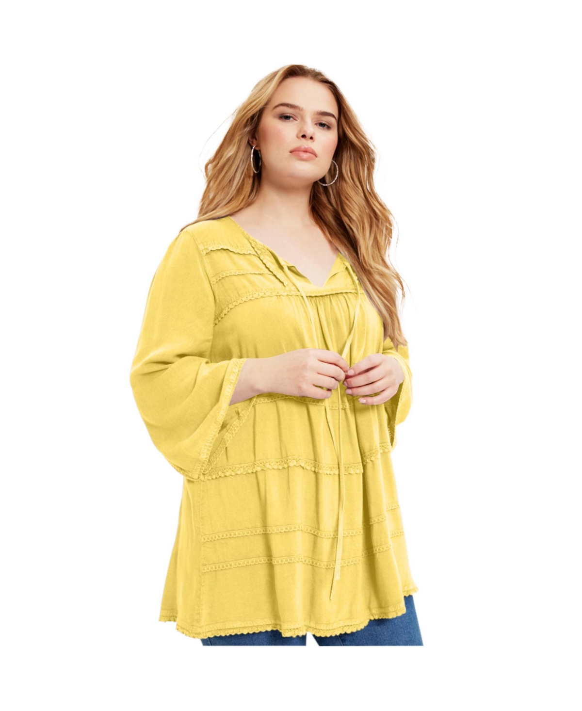 Women's June + Vie Acid Wash Peasant Blouse - Soft camel