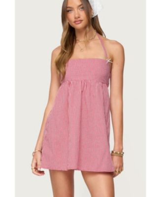 sachin and babi light blue dress MISSGUIDED Halter Neck Fit And Flare Denim Mini Dress｜MISSGUIDED