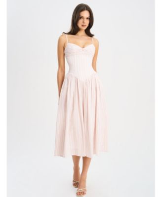 Women's Zania Pink Stripe Ruched Breast Cotton Jacquard Midi Dress