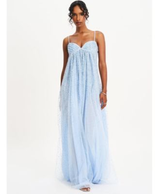 Women's Wallie Baby Blue Rhinestone Embellished Mesh Backless Gown