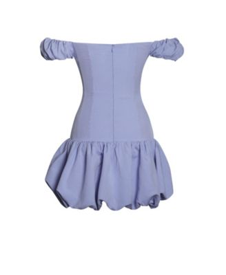 Women Sablee Checkered Puffy Off Shoulder Trim Bubble Hem Mini Dress