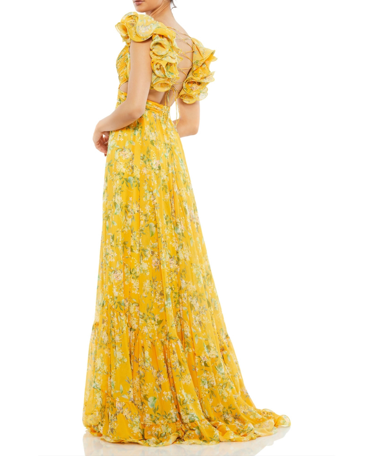 Mac Duggal Women's Pleated High Neck Raglan Long Sleeve Side Slit Gown