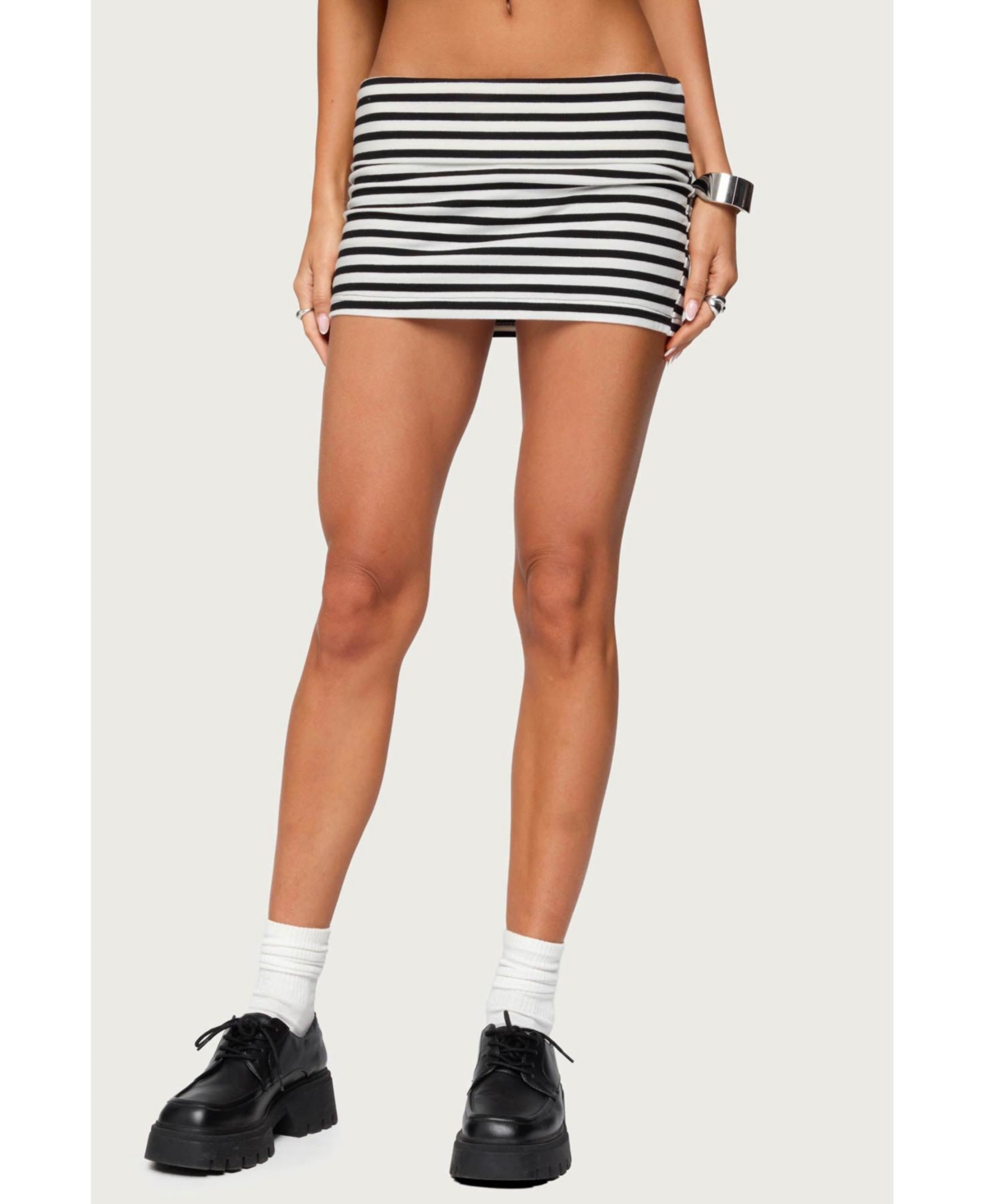 Womens Rylan Striped Fold Over Mini Skort - Black-and-white