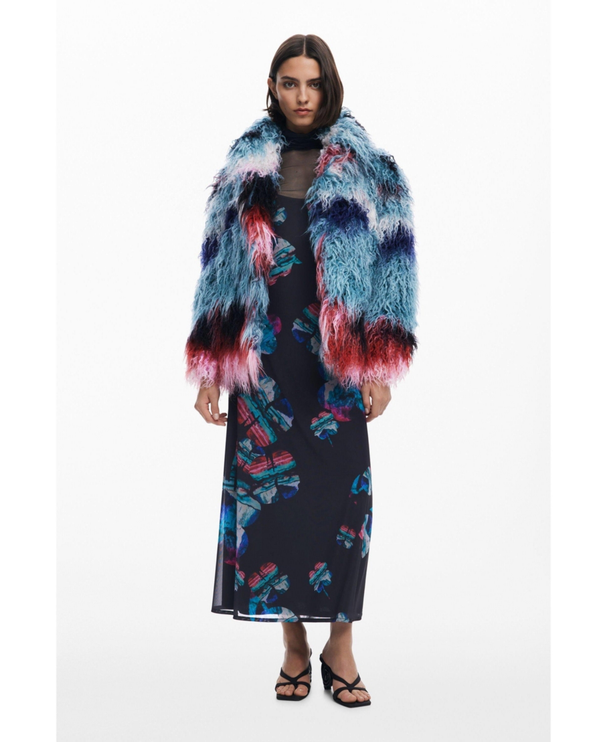 Desigual Faux Fur Jacket In Blue