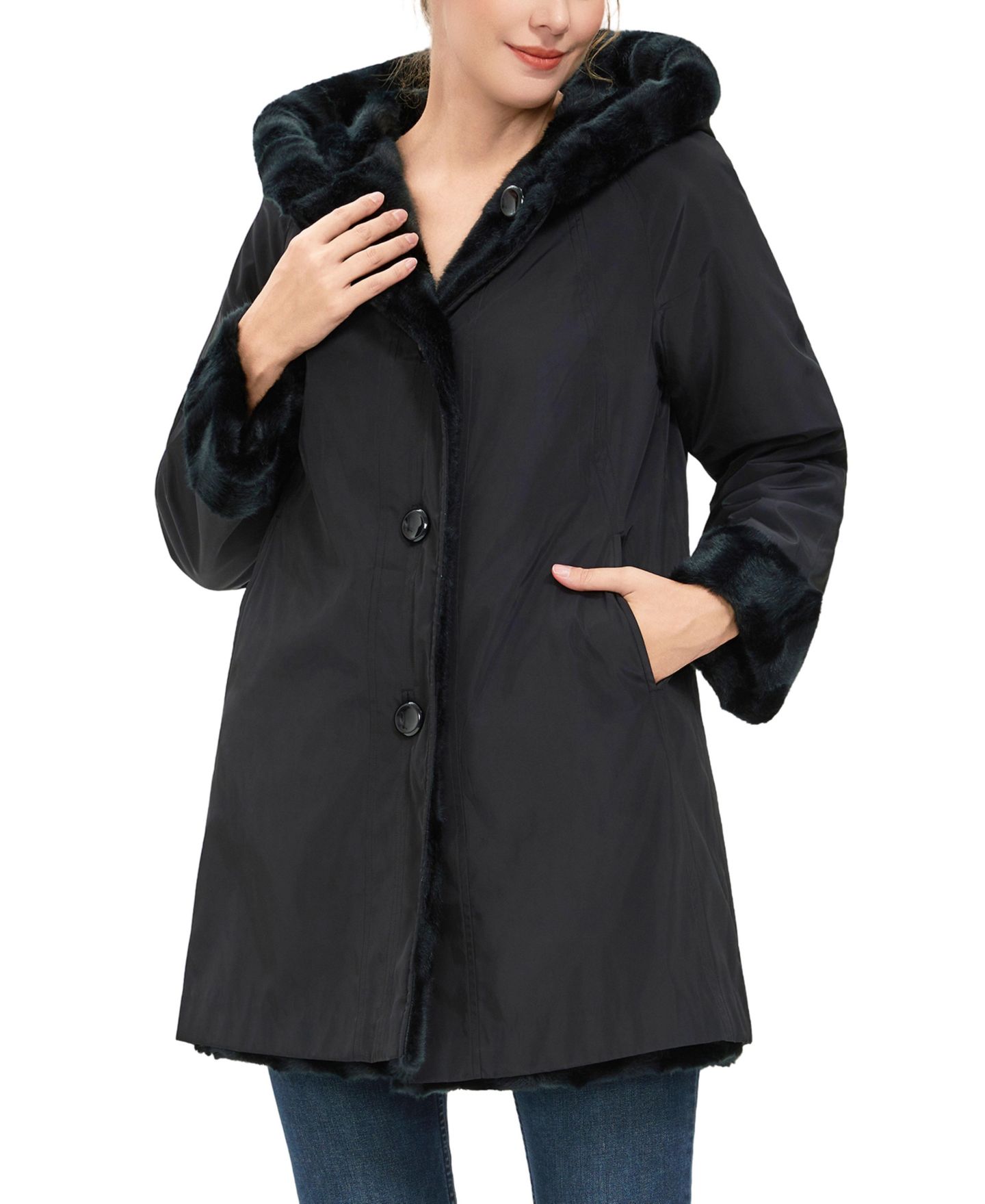 Женское пальто BGSD Brielle Hooded Reversible Faux Mink Fur, цвет: Чёрный — фото 4