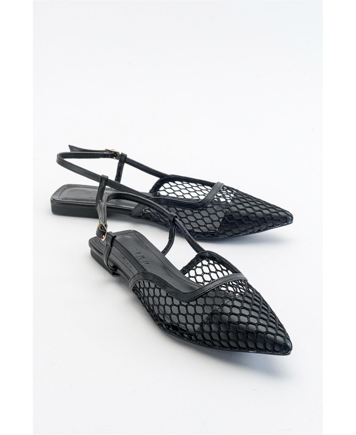 Brace Blue Mesh Flat Sandal (Women) - Black faux leather