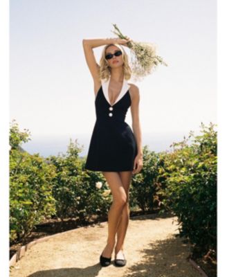 Women Ignacia Office Casual Black and White Halter Mini A-line Dress