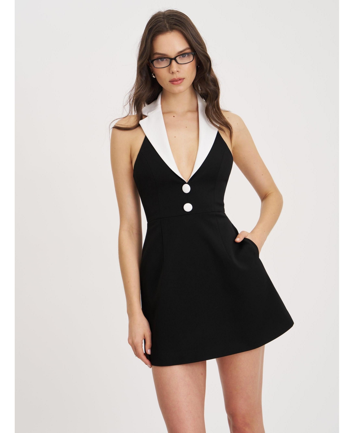Women Ignacia Office Casual Black and White Halter Mini A-line Dress - Black