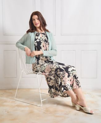 Kasper - Women's Floral-Print Pleated-Neck Keyhole Midi Dress