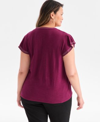 Plus Size Embroidered Flutter-Sleeve Knit Top, Macy's Exclusive 