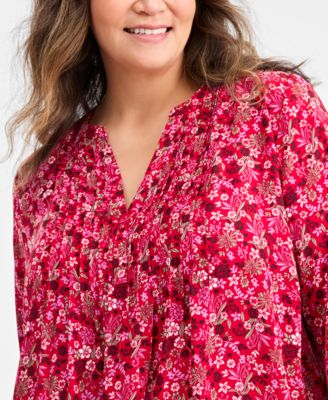 Plus Size Pleated Ditsy-Print Top, Macy's Exclusive
