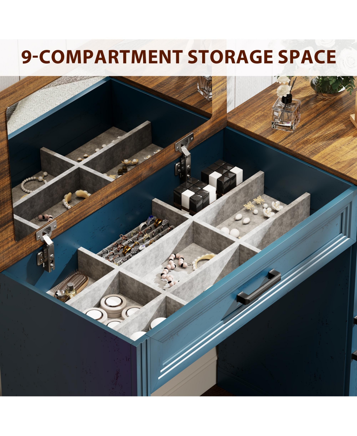 Vlsrka Vanity desk with mirror and storage drawers.