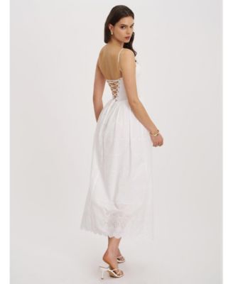 Women's Oberon White Cotton Eyelet Lace-Up Back Maxi Dress