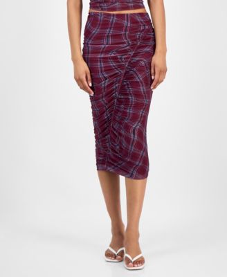 Women's Plaid Mesh Ruched Bodycon Midi Skirt, Macy's Exclusive