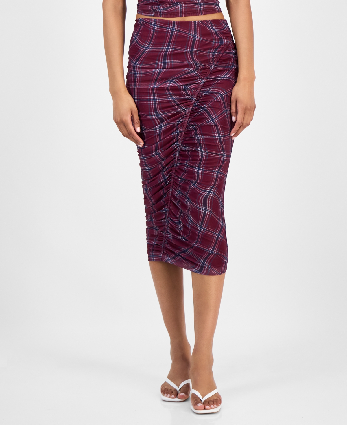 Bar Iii Women's Plaid Mesh Ruched Bodycon Midi Skirt, Macy's Exclusive In Multi