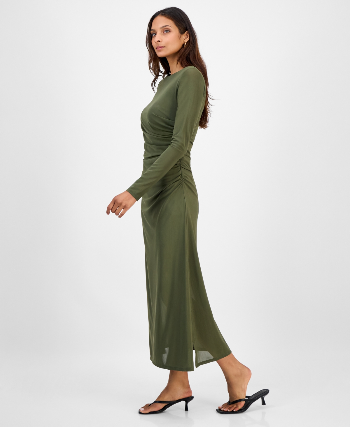 Bar Iii Women's Low-back Ruched Mesh Midi Dress, Macy's Exclusive In Green