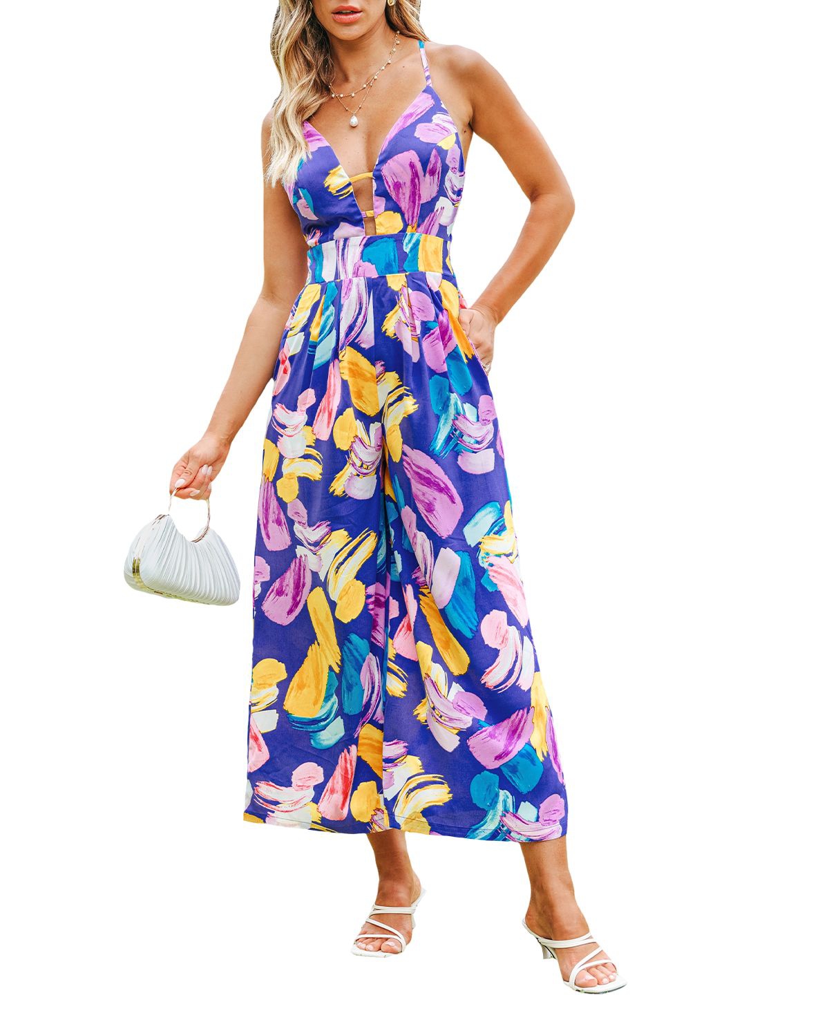 Women's Floral Print Jumpsuit - Dark blue