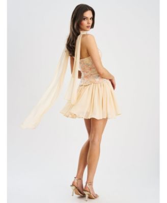 Women's Quanisha Yellow Beaded Floral Mini Chiffon Dress with Scarf