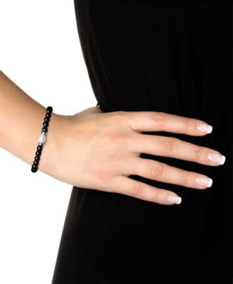 Onyx & Cultured Freshwater Pearl (7-8mm) Stretch Bracelet in Sterling Silver (Also in Rose Quartz)