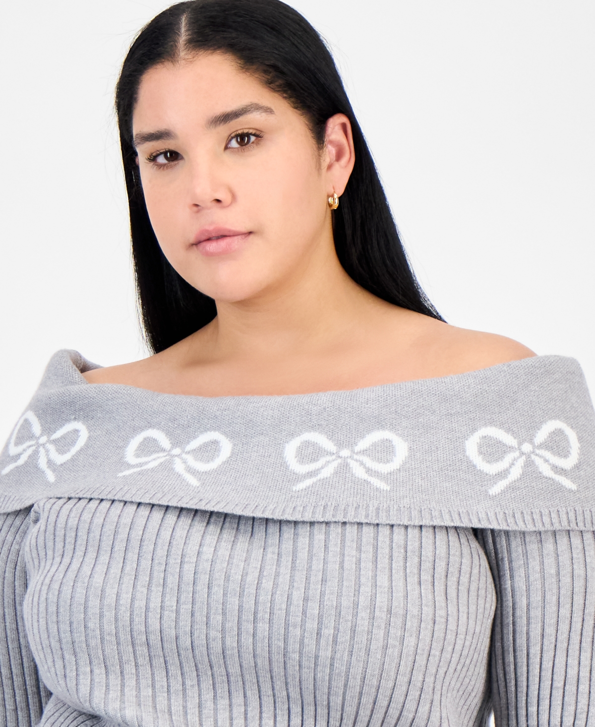 Madden Girl Trendy Plus Size Bow Off-The-Shoulder Sweater