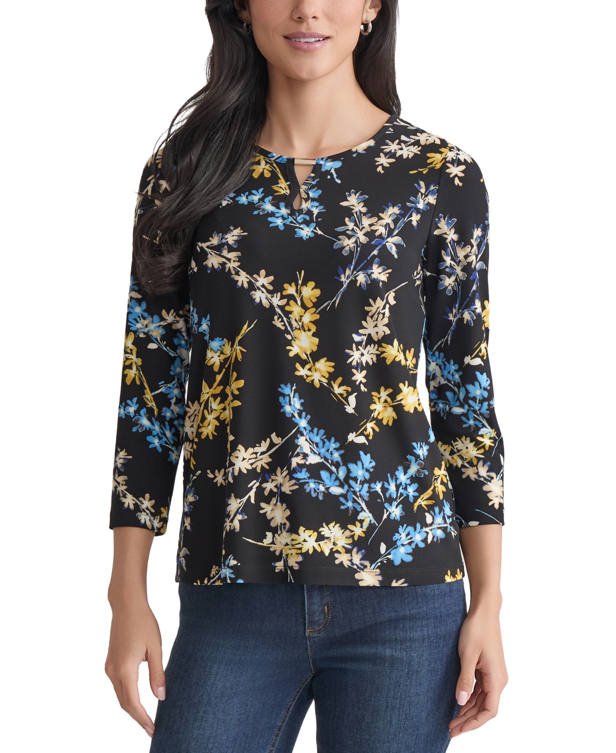 Jones New York Petite Floral-print Keyhole Top In Multi