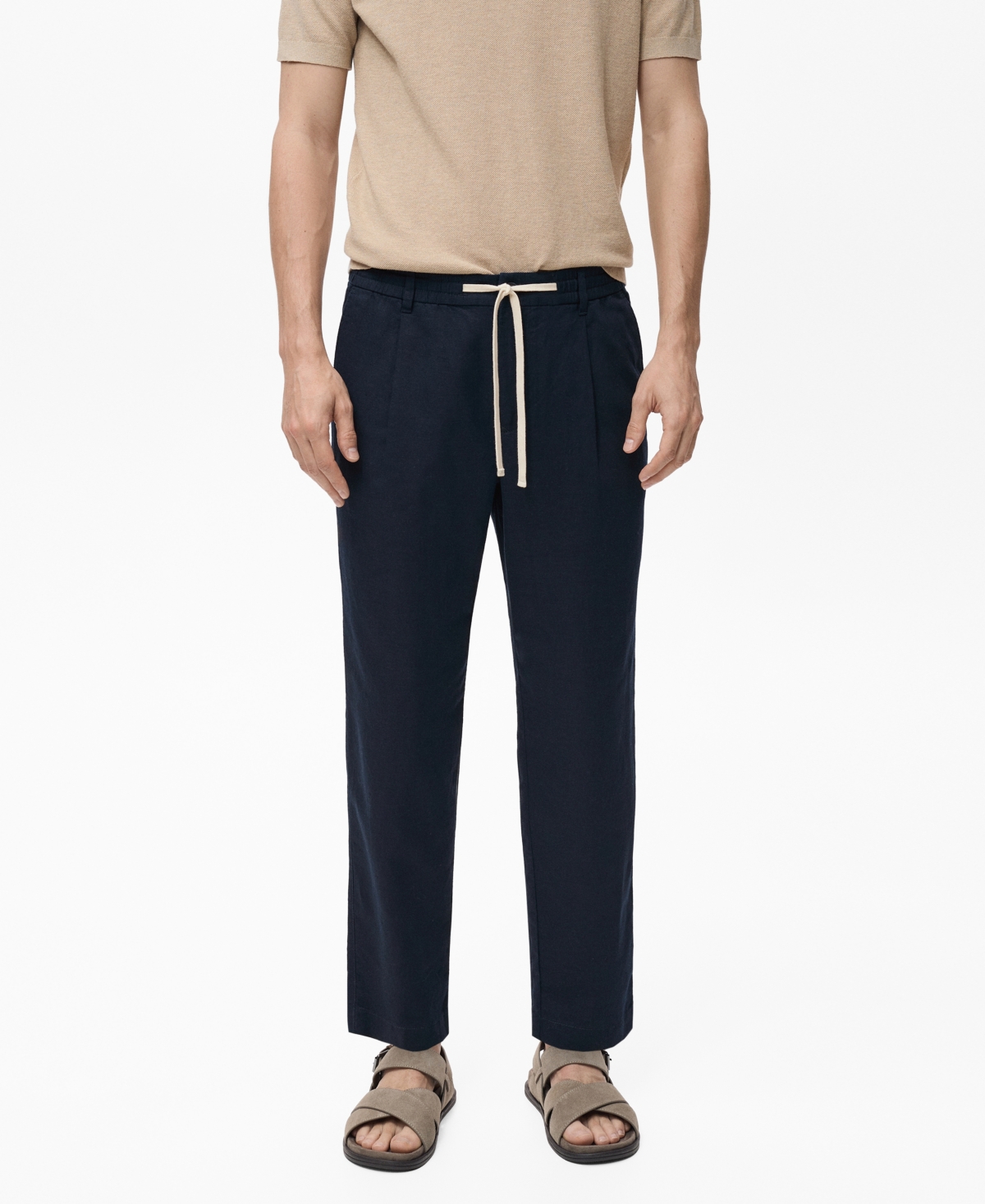 Men's Slim-Fit Drawstring Linen Pants - Black