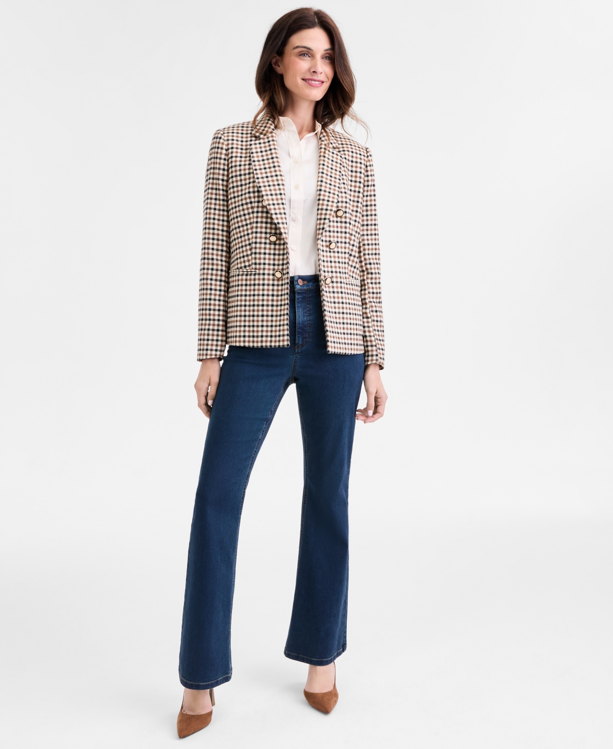 Jones New York Check Faux Double Breasted Blazer In Neutral