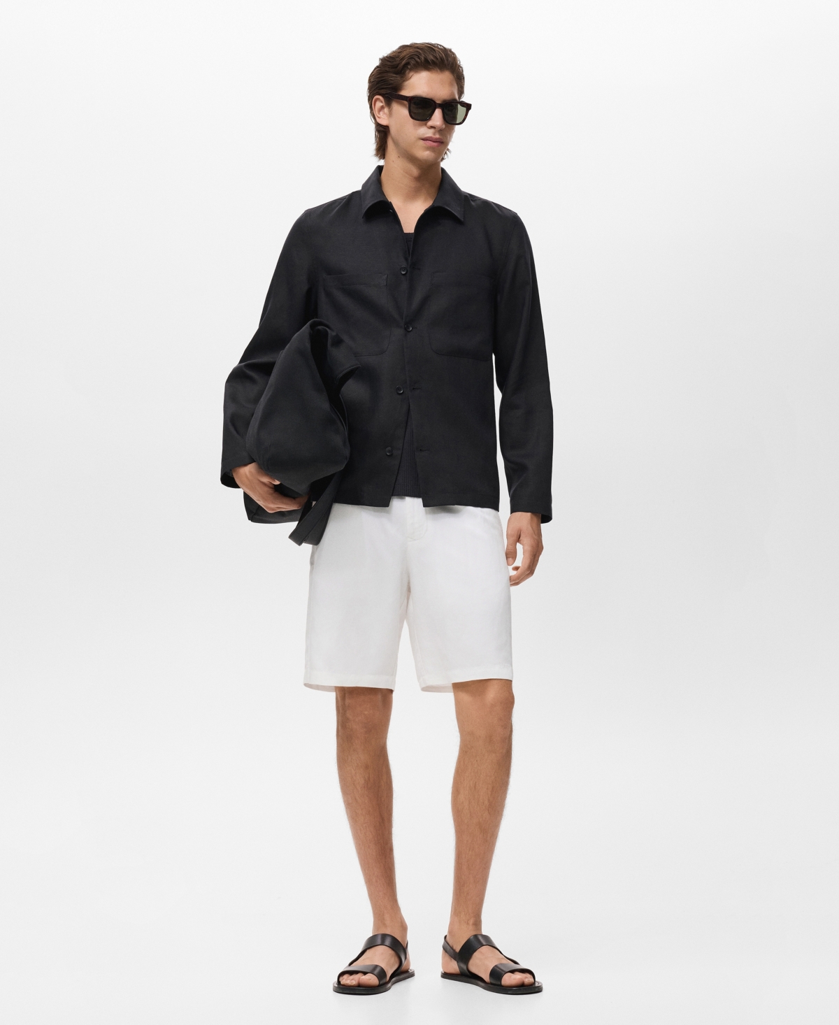 Mango Men's Elastic Waist Linen 9" Bermuda Shorts In White