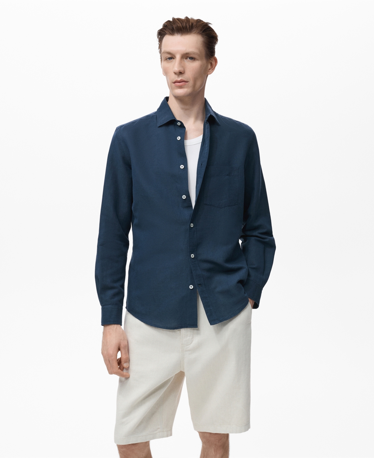 Mango Classic Fit Linen & Cotton Button-up Shirt In Blue