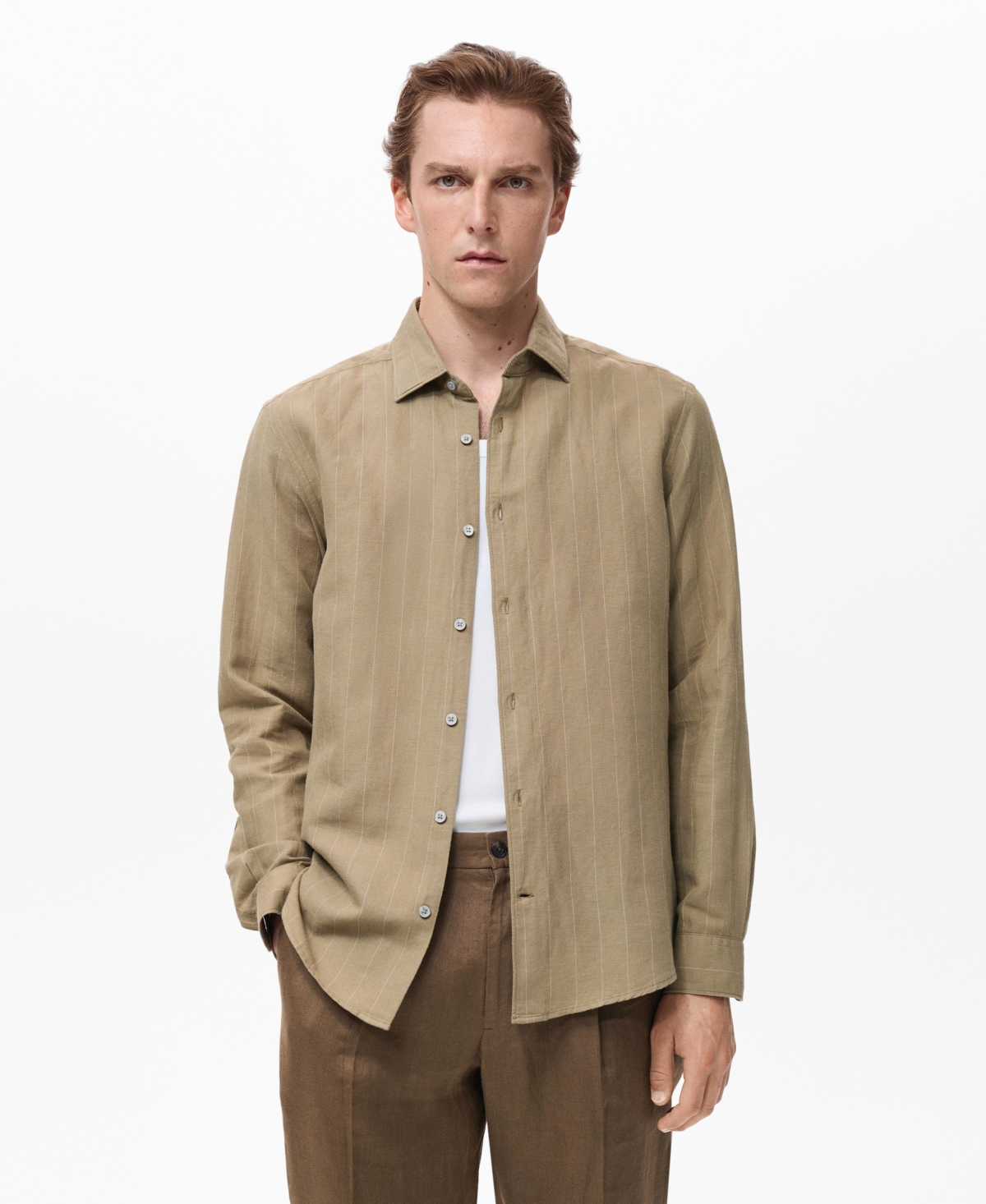 Men's Linen Pinstripe Shirt - Khaki