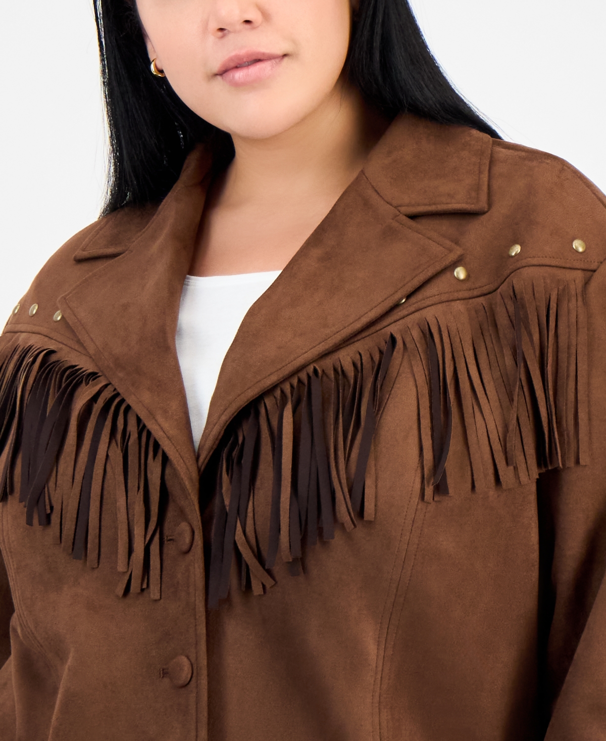 And Now This Trendy Plus Size Fringed Faux-suede Jacket, Macy's Exclusive In Brown