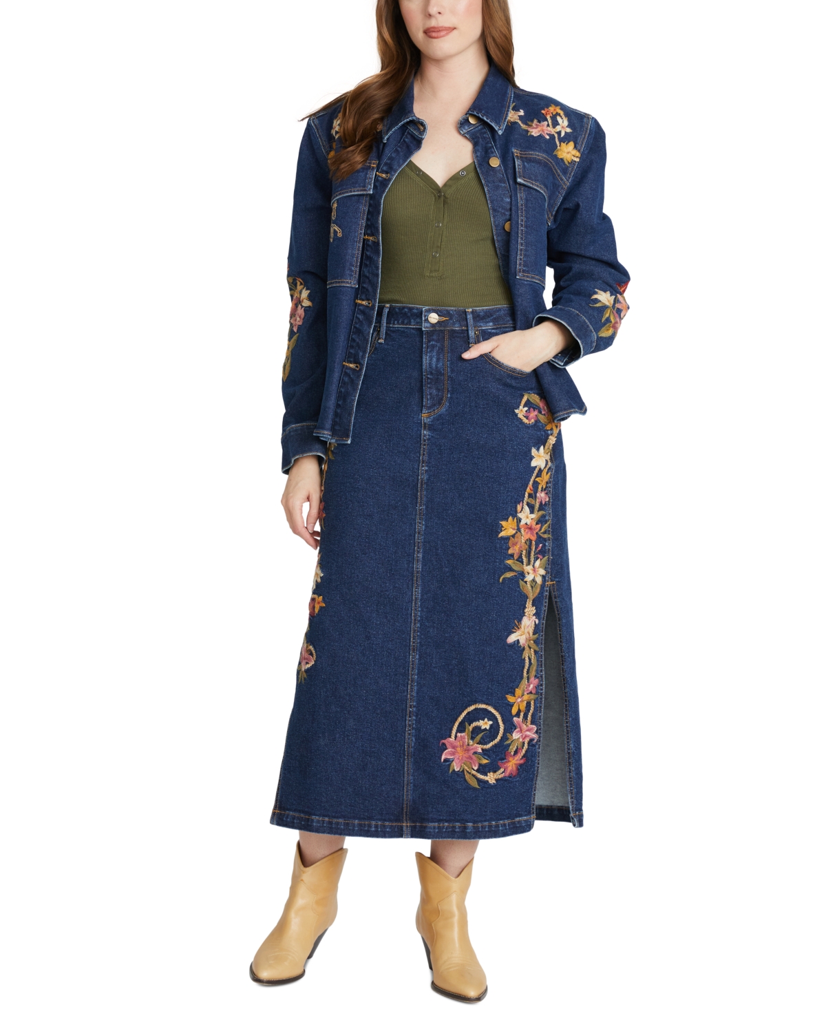 Driftwood Women's Svetlana Lillies & Lassos Floral Denim Skirt
