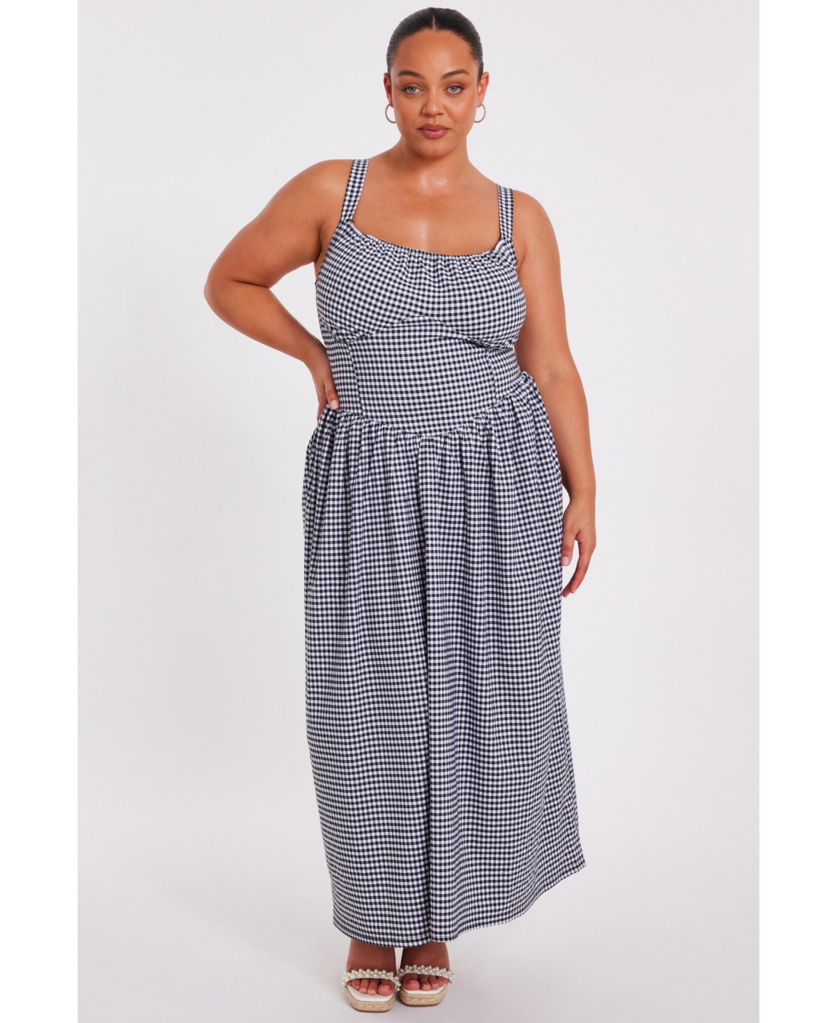 Women's Gingham Drop Waist Maxi Dress - Black
