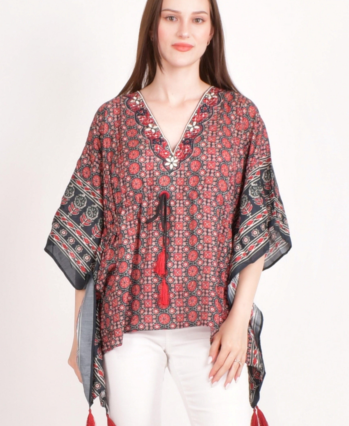 Women's Embroidered Kaftan Top - Maroon