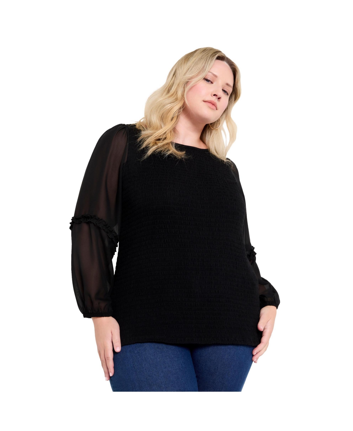 Women's June + Vie Puff-Sleeve Smocked Blouse - Black onyx