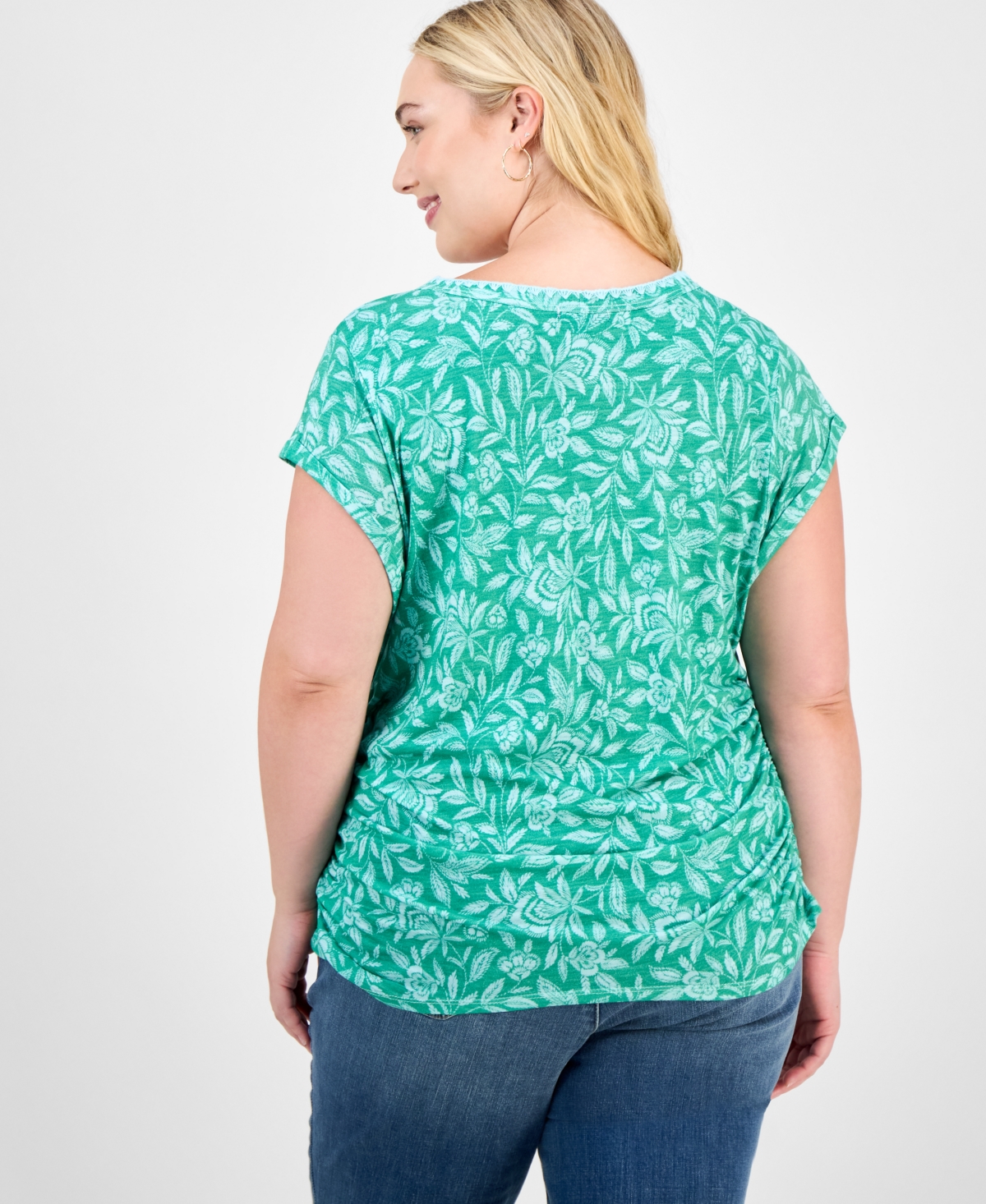 Democracy Trendy Plus Printed Side-shirred Cap-sleeve Top In Green