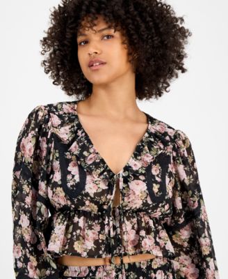 Petite Ruffle Long Sleeve Tie Front Top