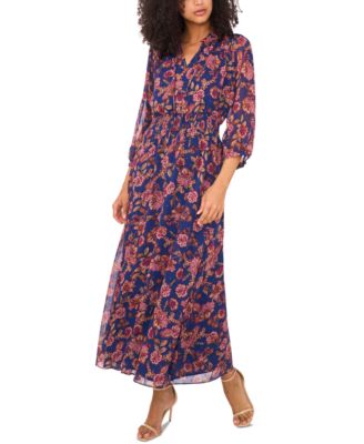 Vince Camuto - Women's Printed Tie-Neck Puff-Sleeve Maxi Dress