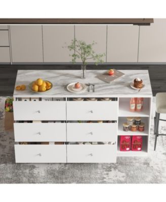 Kitchen island with 6 drawers, 4 doors, island storage table with shelves, coffee station and microwave rack for home, dining room, white, wooden