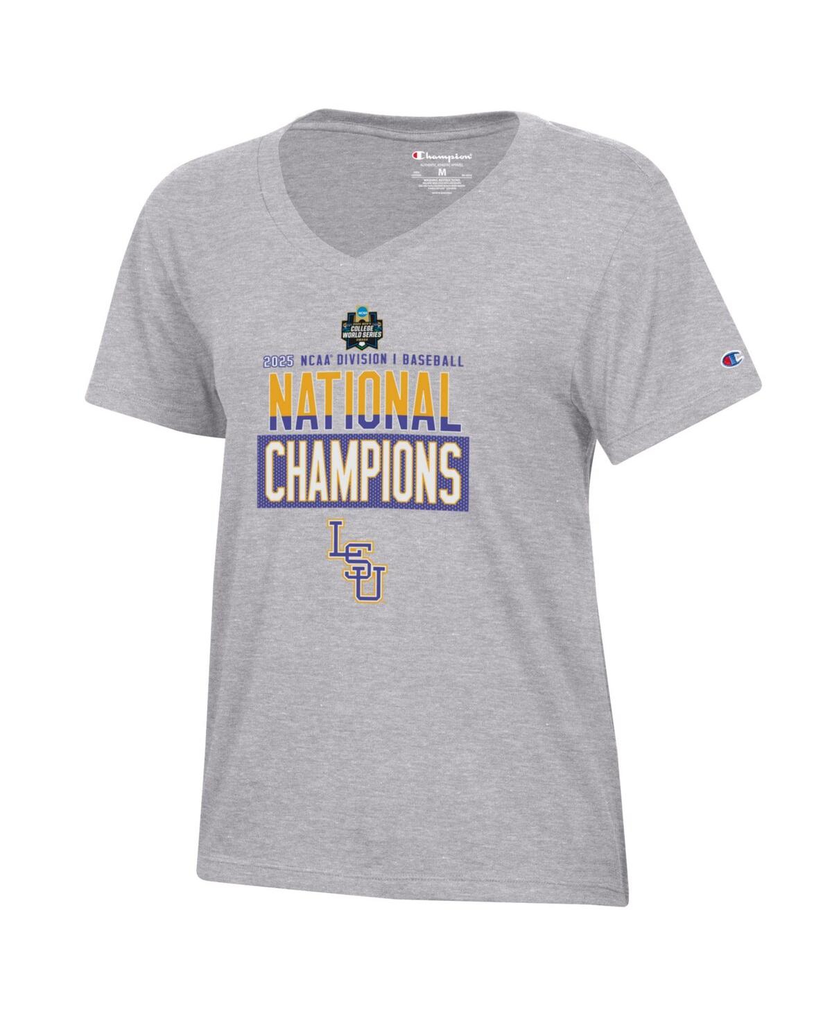 Women's Gray Lsu Tigers 2025 Ncaa Baseball Men's College World Series Champions V-Neck T-Shirt - Gray