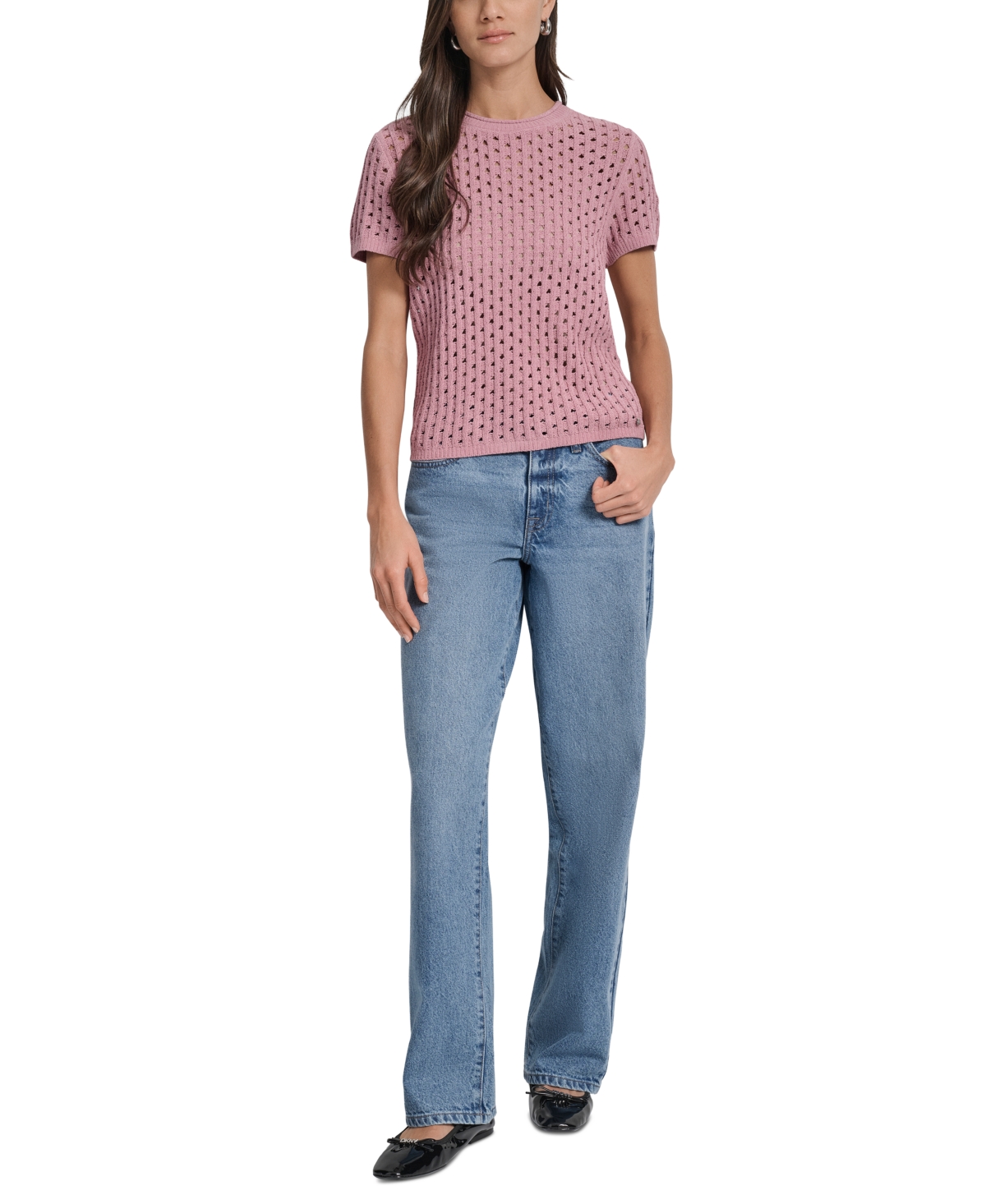 Dkny Jeans Petite Open-stitch Crewneck Sweater In Blue